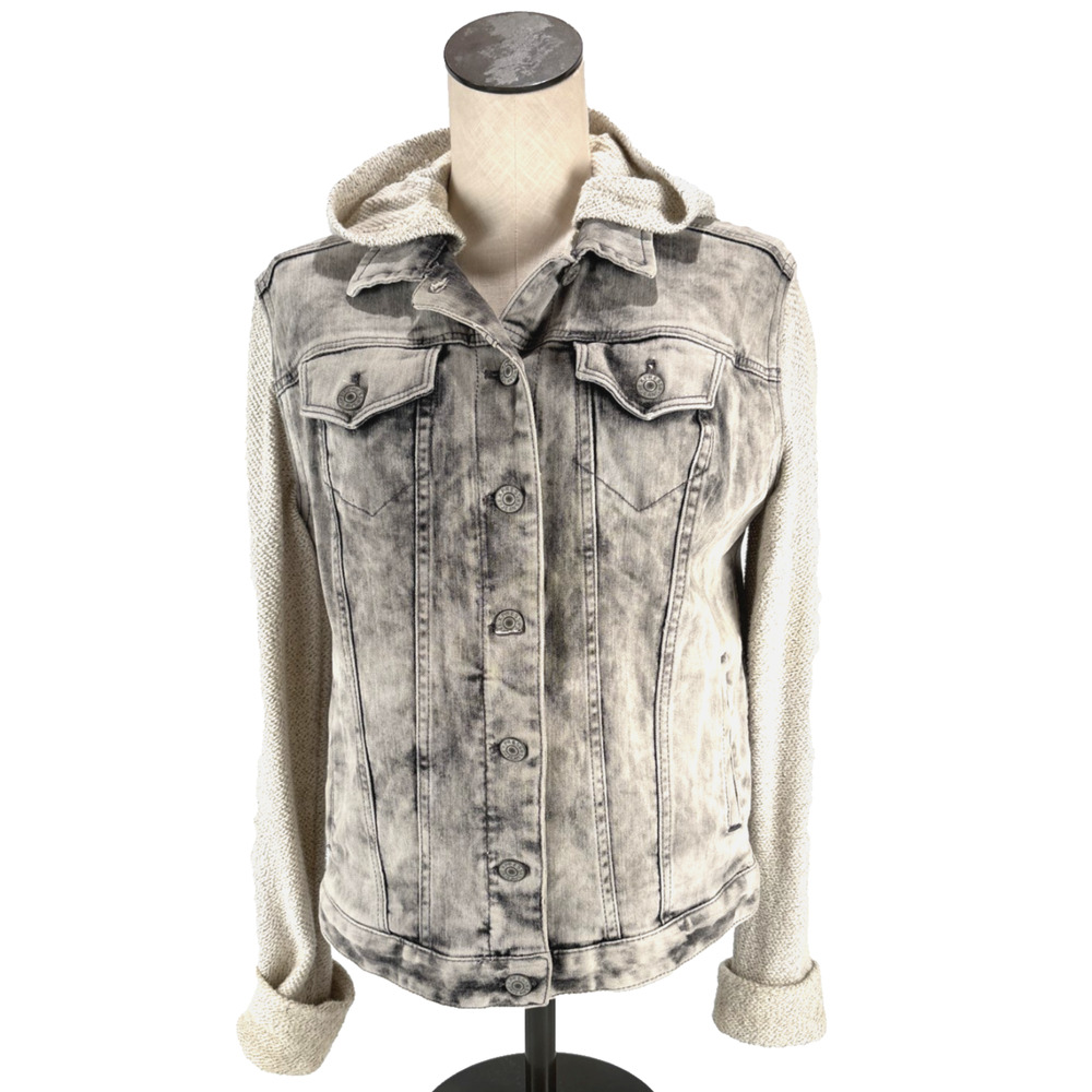 Express Jeans Womens Distressed Denim Jacket Hoodie Knit Sleeves Gray Wash LARGE